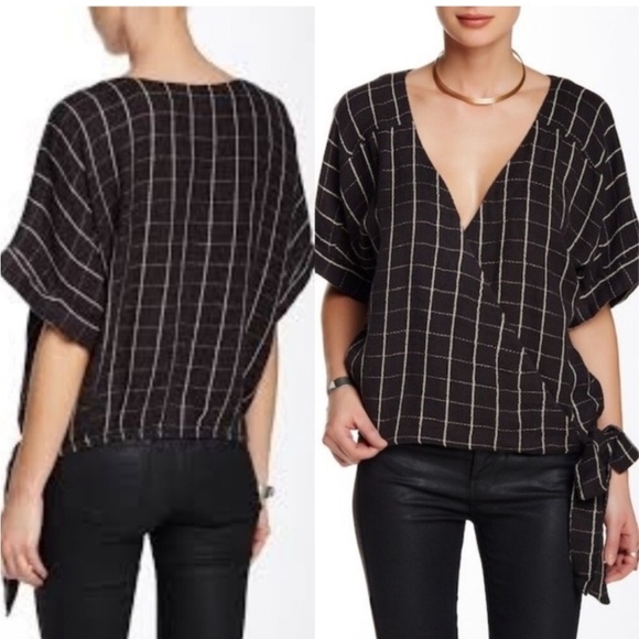 Free People Made In The Shade Linen Wrap Top black white plaid large blouse soft - Picture 15 of 15
